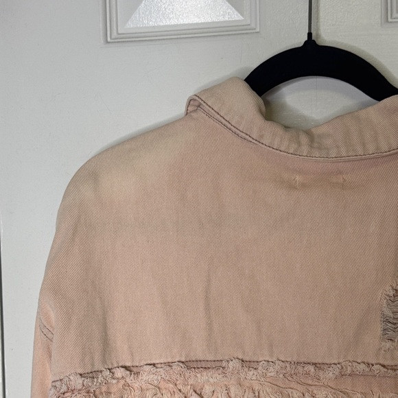 POL Pink Distressed Cropped Denim Jacket Small Frayed Hem Oversized - Picture 6 of 8